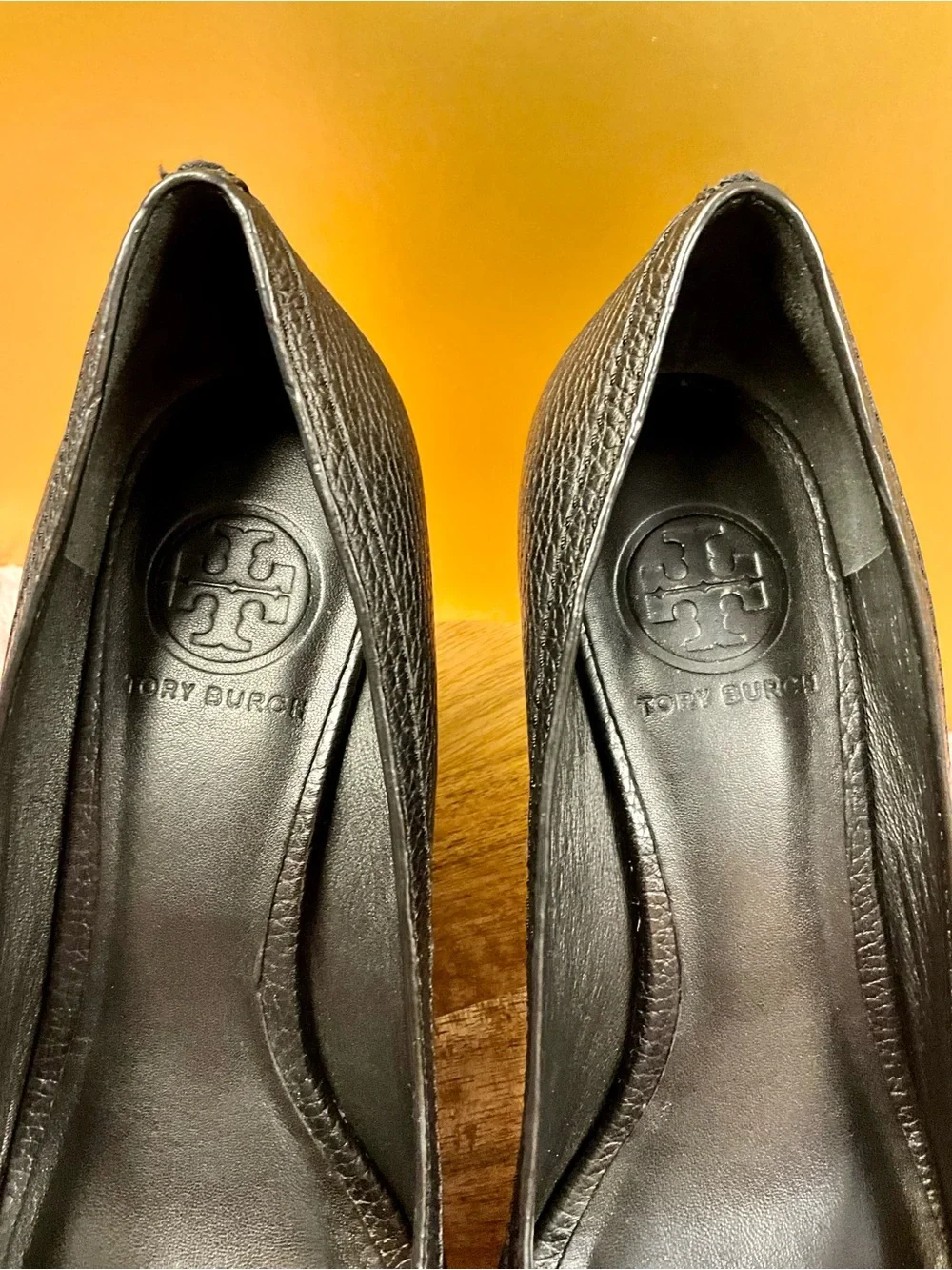 Tory Burch Black Peep-Toe Leather Pumps with Gold Logo Medallion